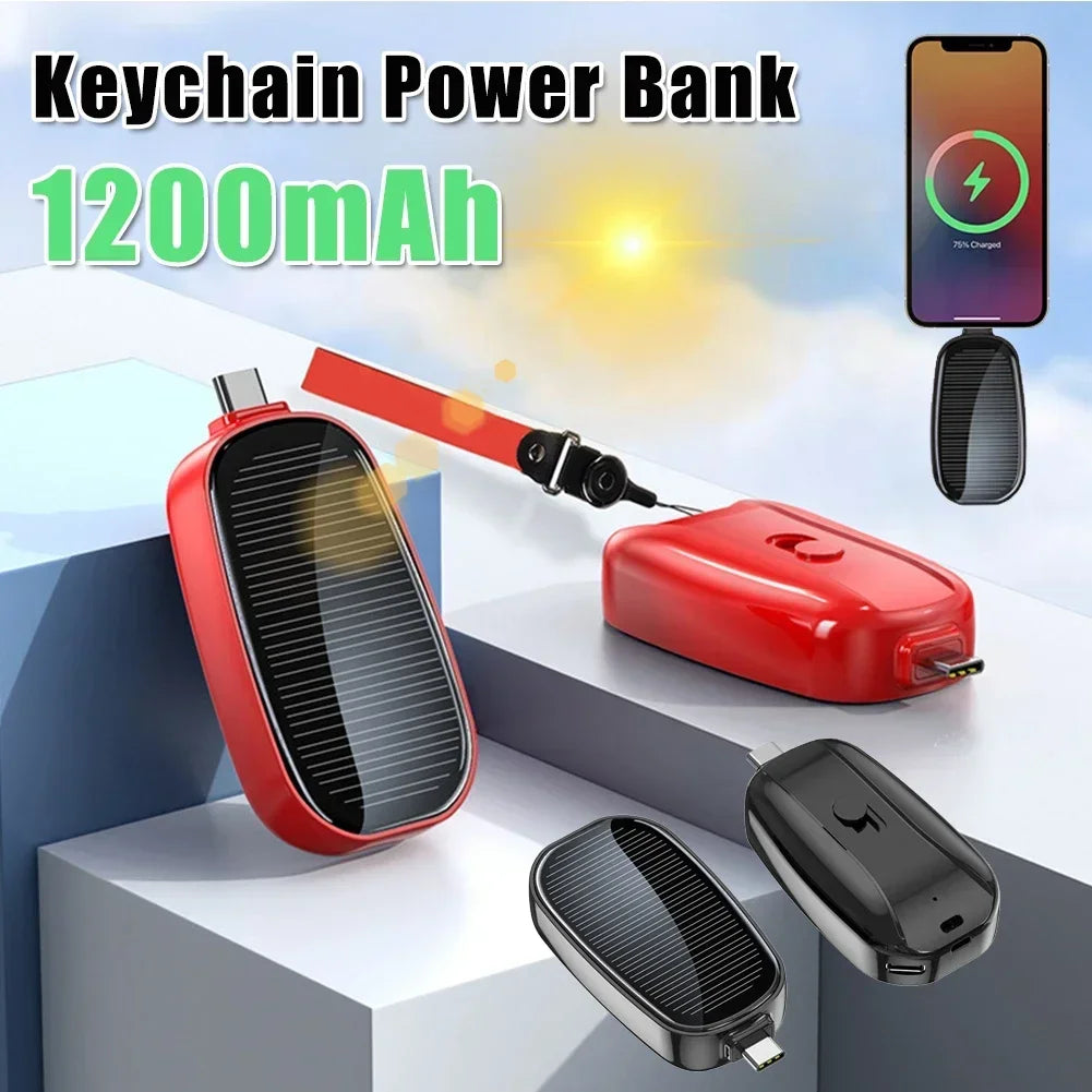 SolarCharge Mini: 1200mAh Solar-Powered Keychain Phone Charger, Portable Type-C Wireless Power Bank for iPhone, Samsung